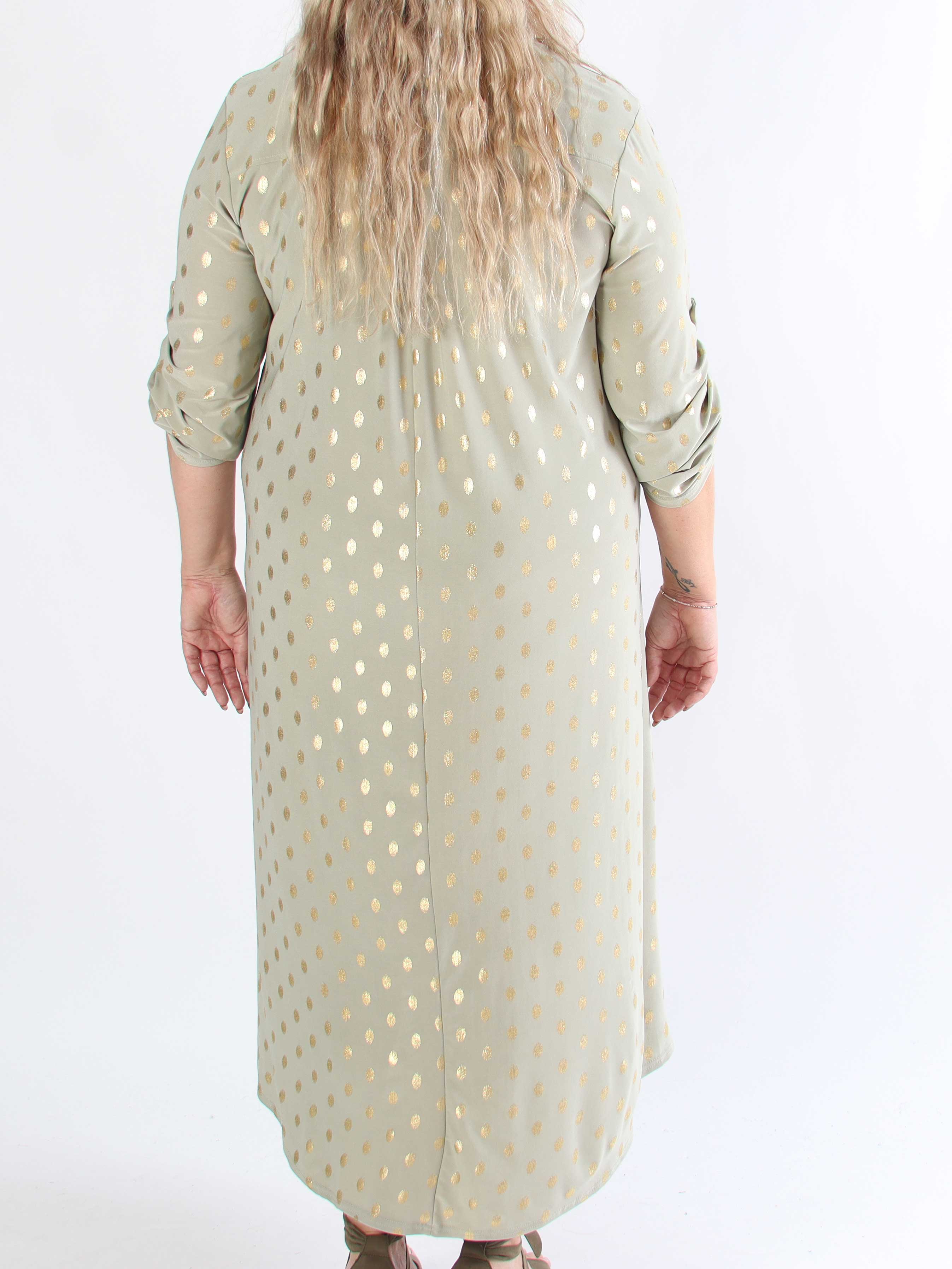 Ebba Gold Dress - Elastisk plus size lang kjole med guld prikker